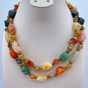 Beautiful Vintage 1960s Beggar’s Bead Necklace 35” Brass AgateJade Quartz Jasper